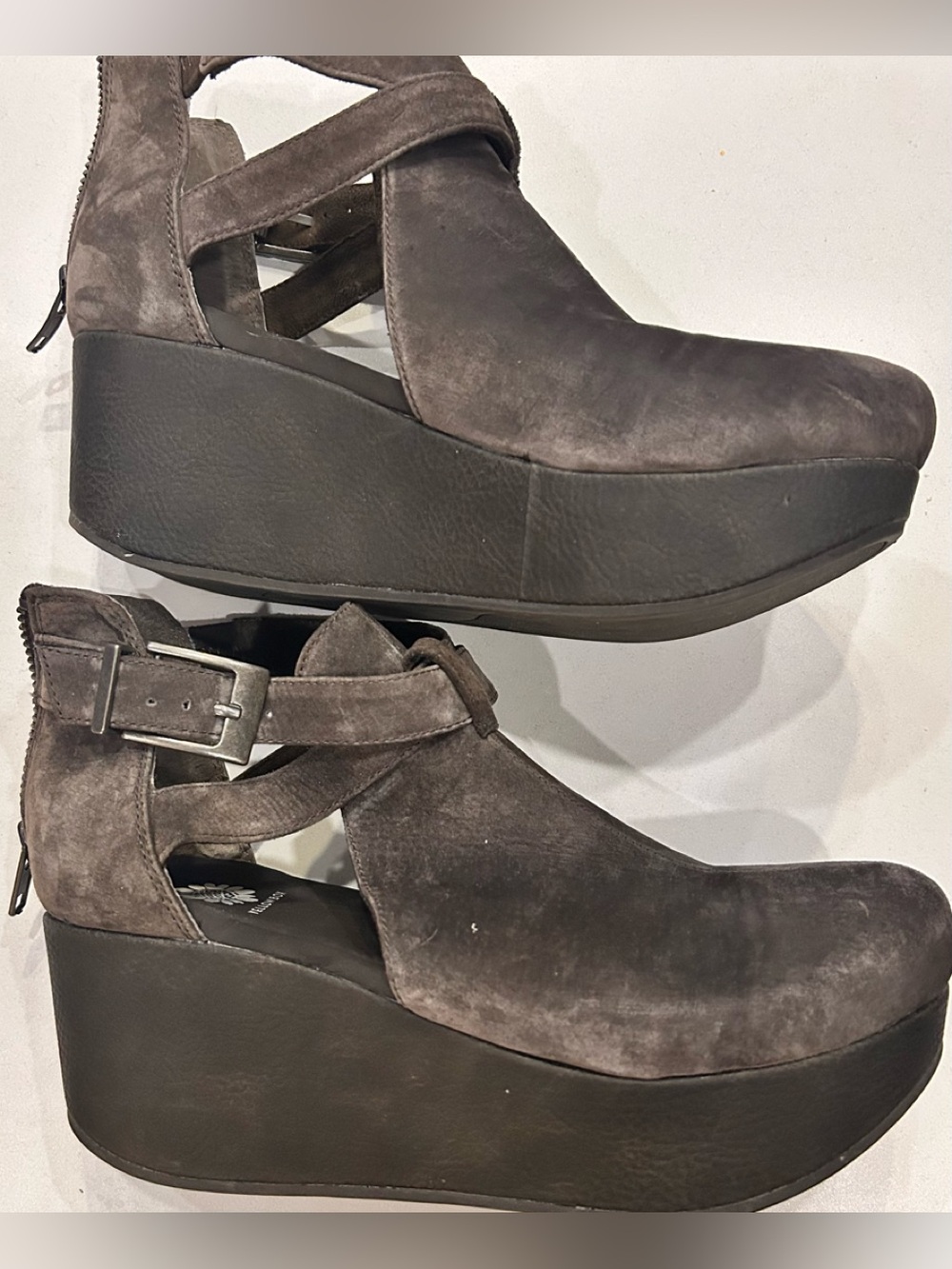 Gray gray suede leather YELLOW BOX Balera platform ankle wedge bootie size 7